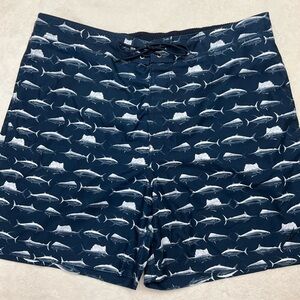 NAUTICA Navy Blue Ocean Fish Print Swim Shorts Trunks Mens XXL 6.5” Inseam
